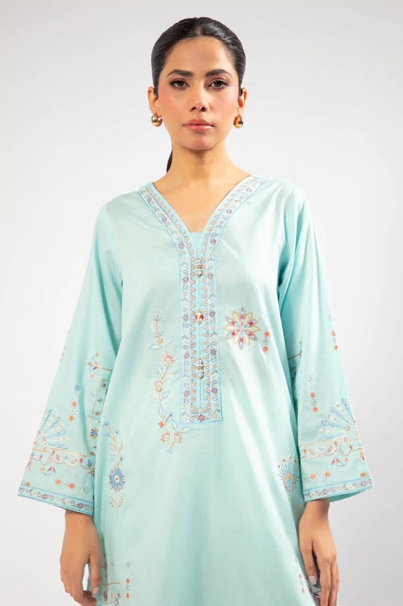 Embroidered Cotton Dobby-Blue Kurti thumbnail