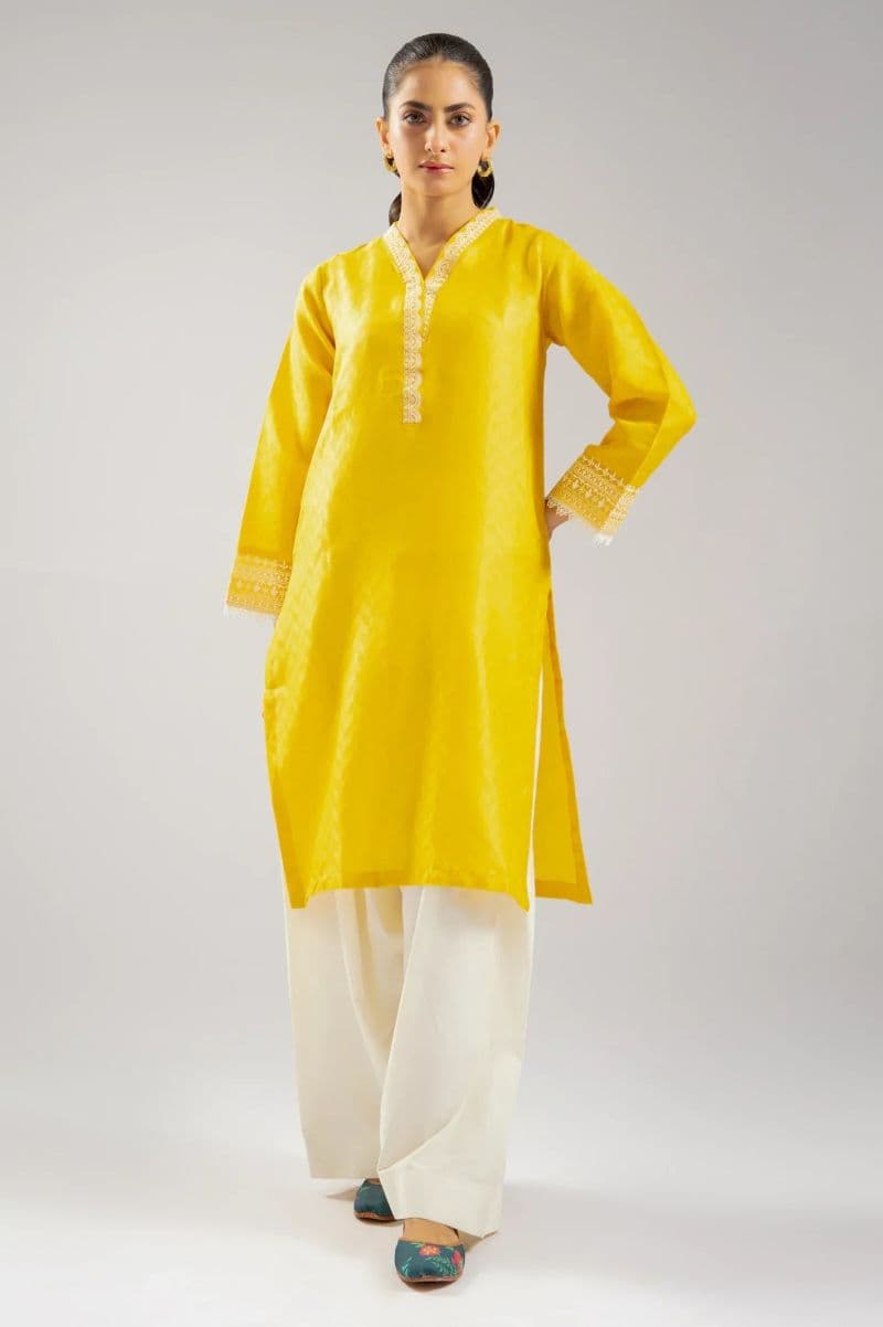 Embroidered Jacquard-Yellow Kurti