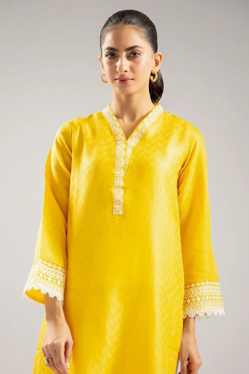 Embroidered Jacquard-Yellow Kurti