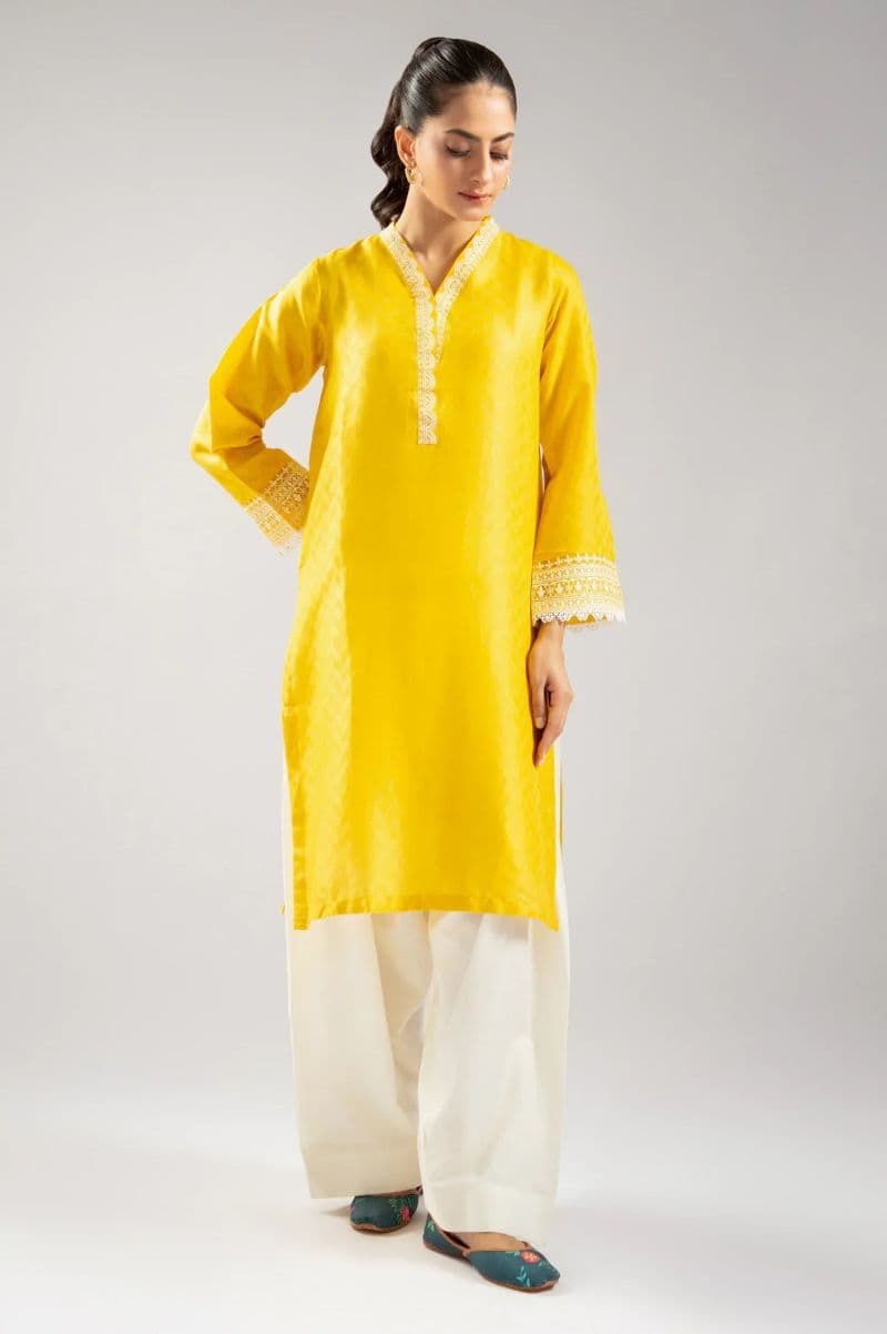 Embroidered Jacquard-Yellow Kurti