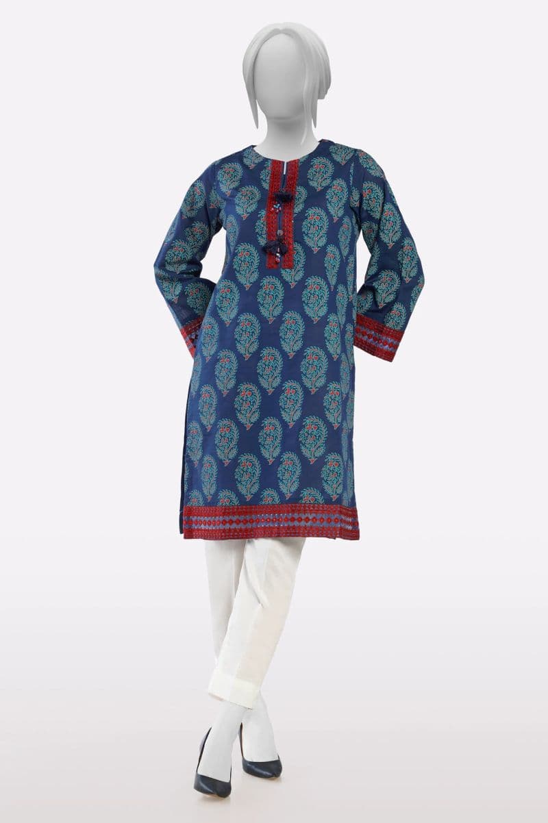 Navy Blue Printed Embroidered Kurti