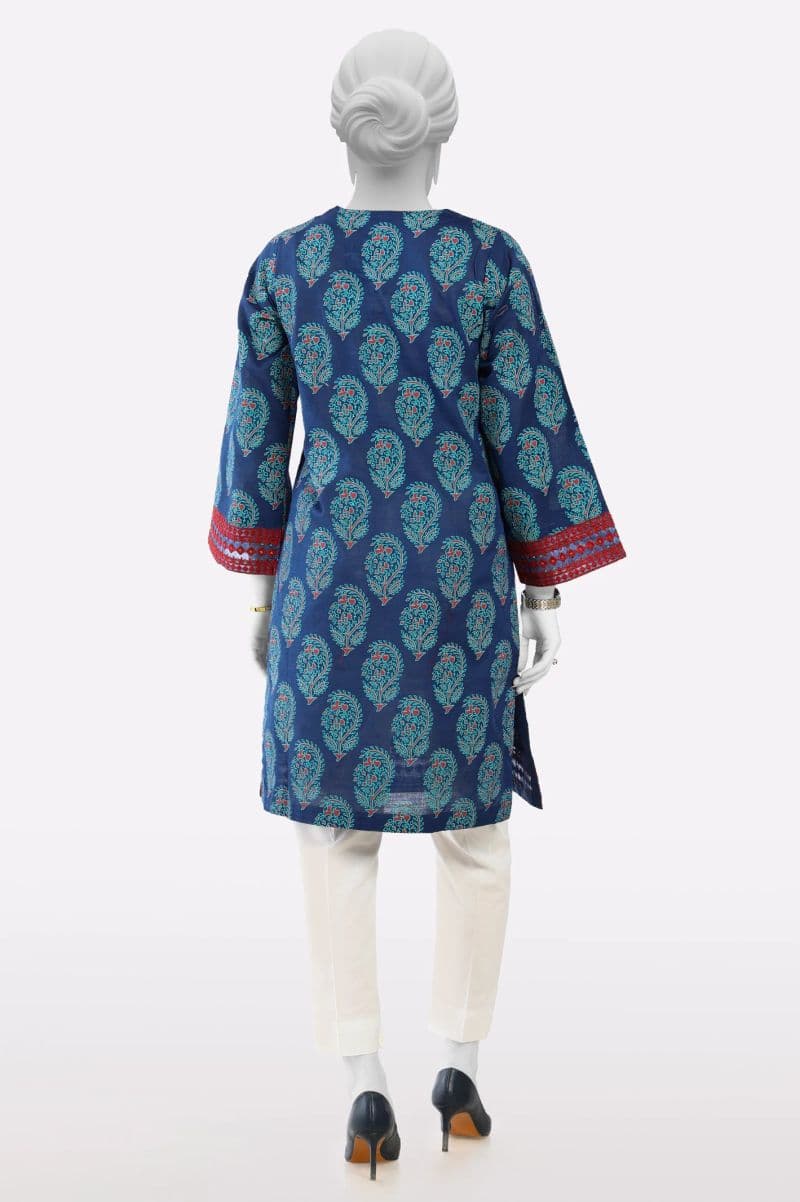 Navy Blue Printed Embroidered Kurti