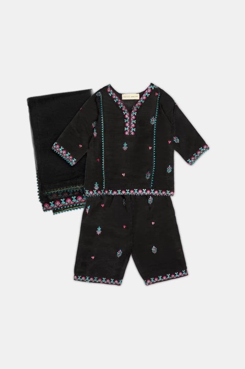 Embroidered Raw Silk-Black Infant 3PC