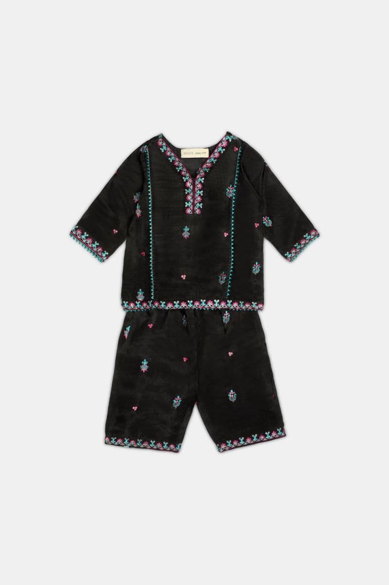 Embroidered Raw Silk-Black Infant 3PC
