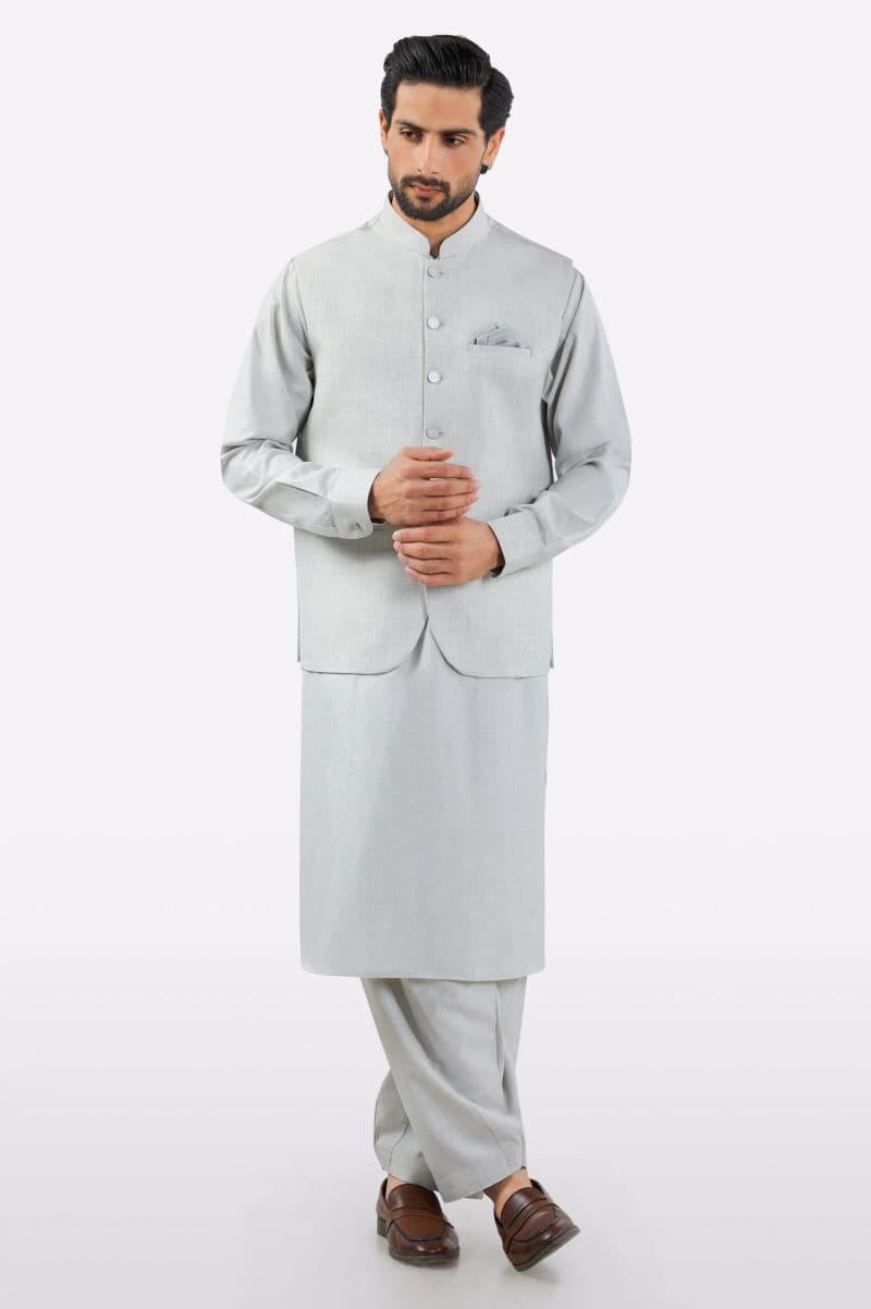 Light Grey Shalwar Kameez with Waistcoat thumbnail