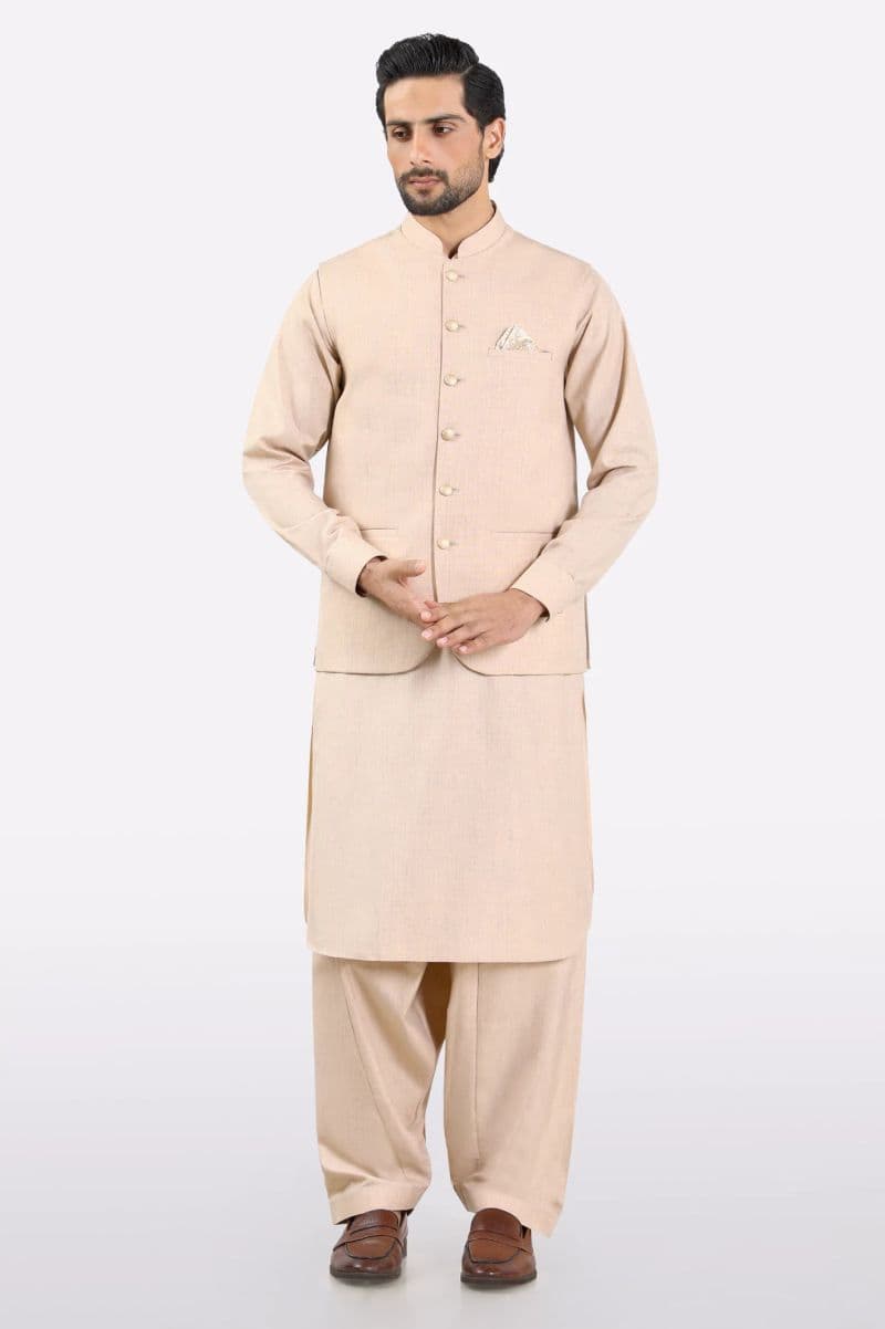Light Brown Shalwar Kameez with Waistcoat thumbnail