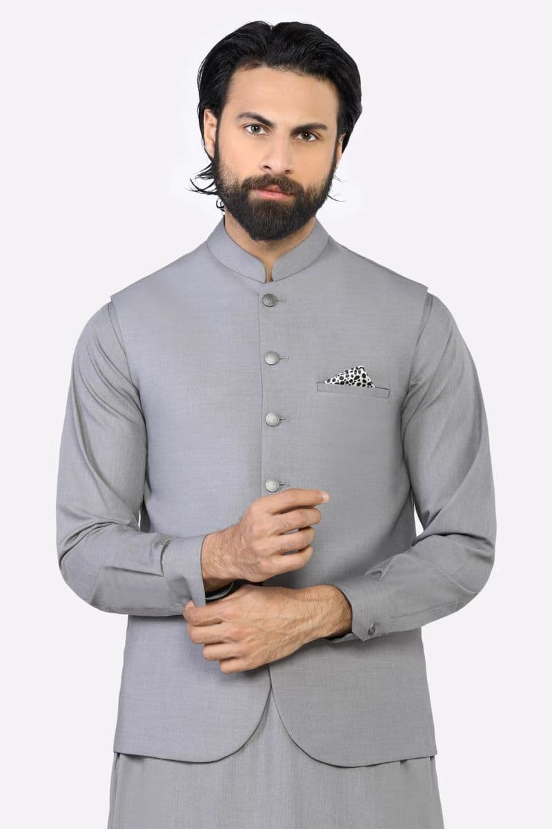 Light Grey Shalwar Kameez with Waistcoat thumbnail