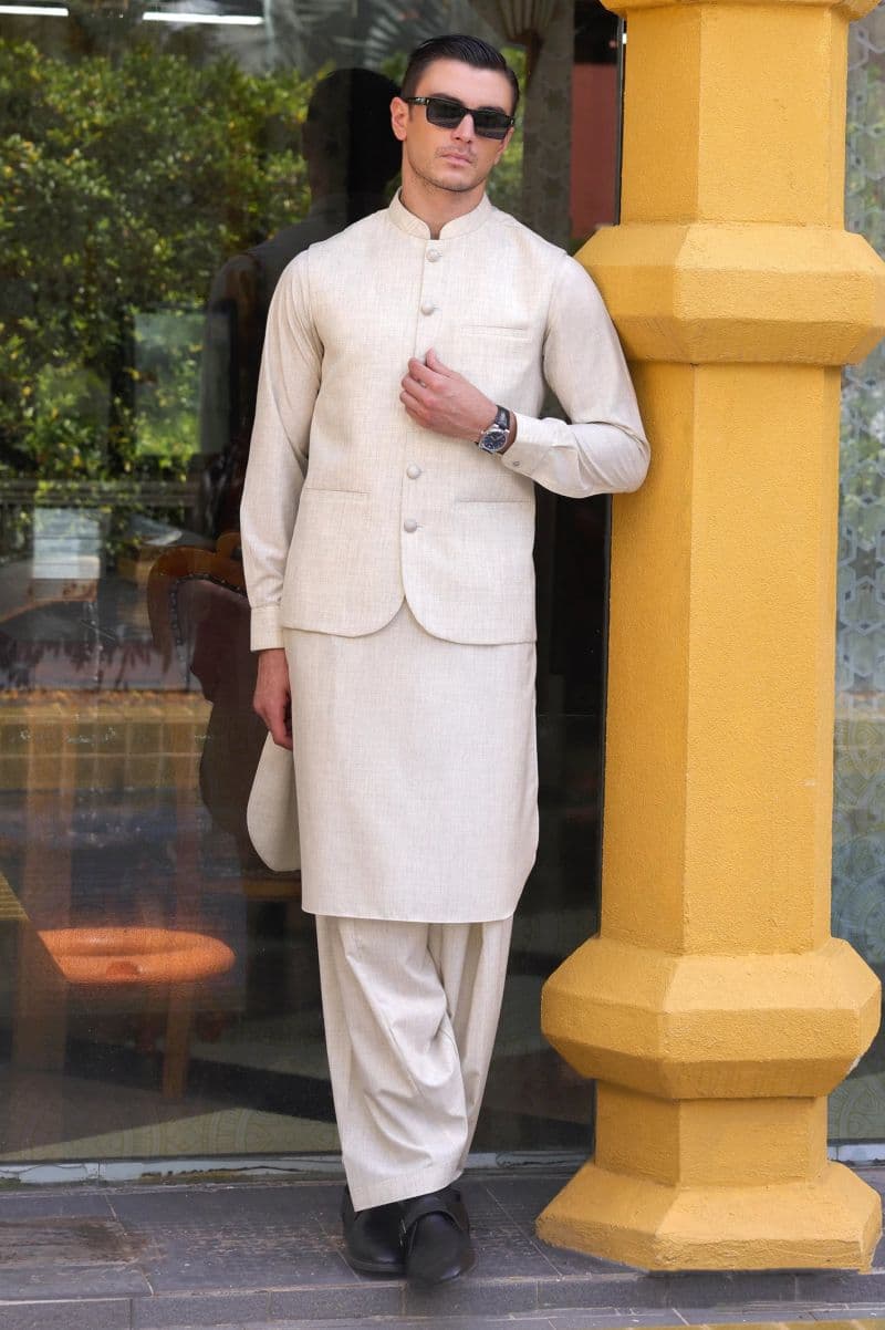Fawn Shalwar Kameez with Waistcoat thumbnail