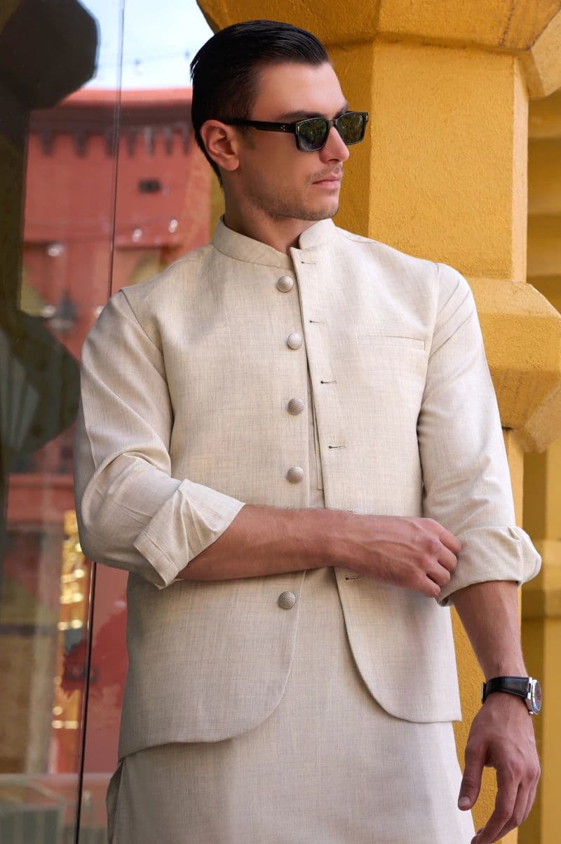Fawn Shalwar Kameez with Waistcoat thumbnail
