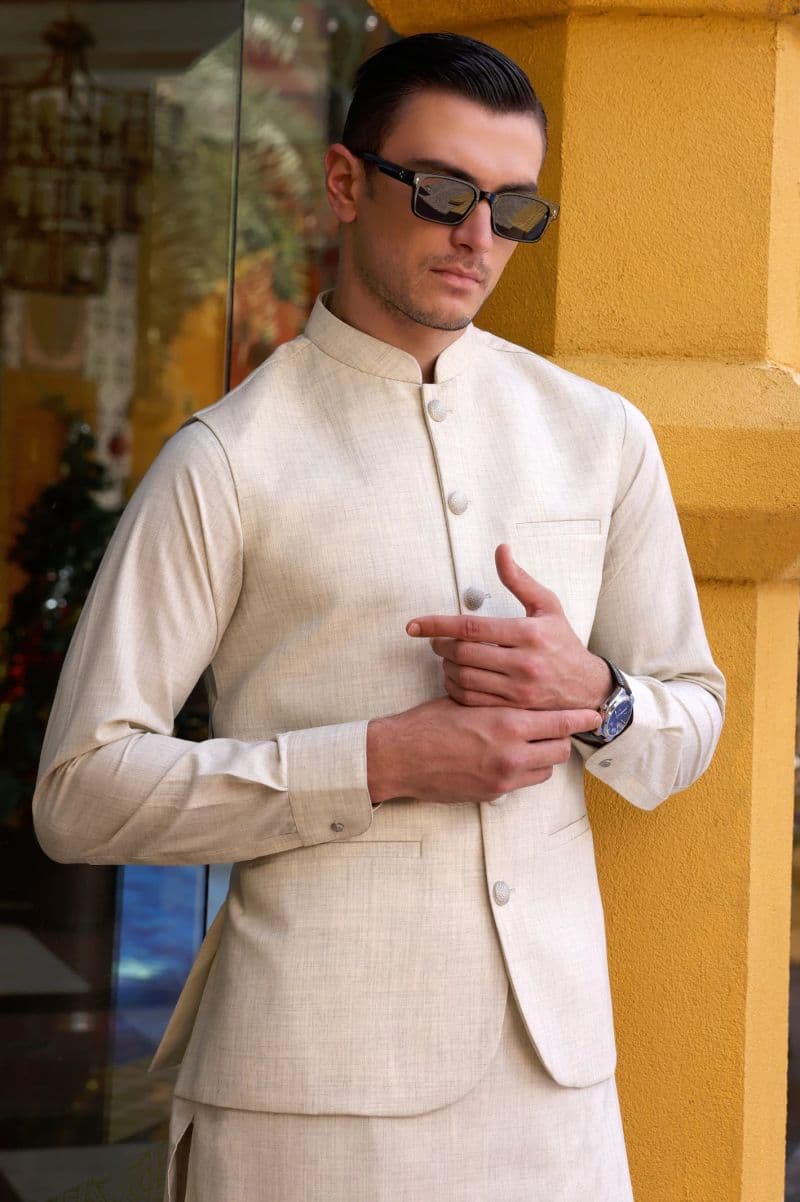 Fawn Shalwar Kameez with Waistcoat thumbnail