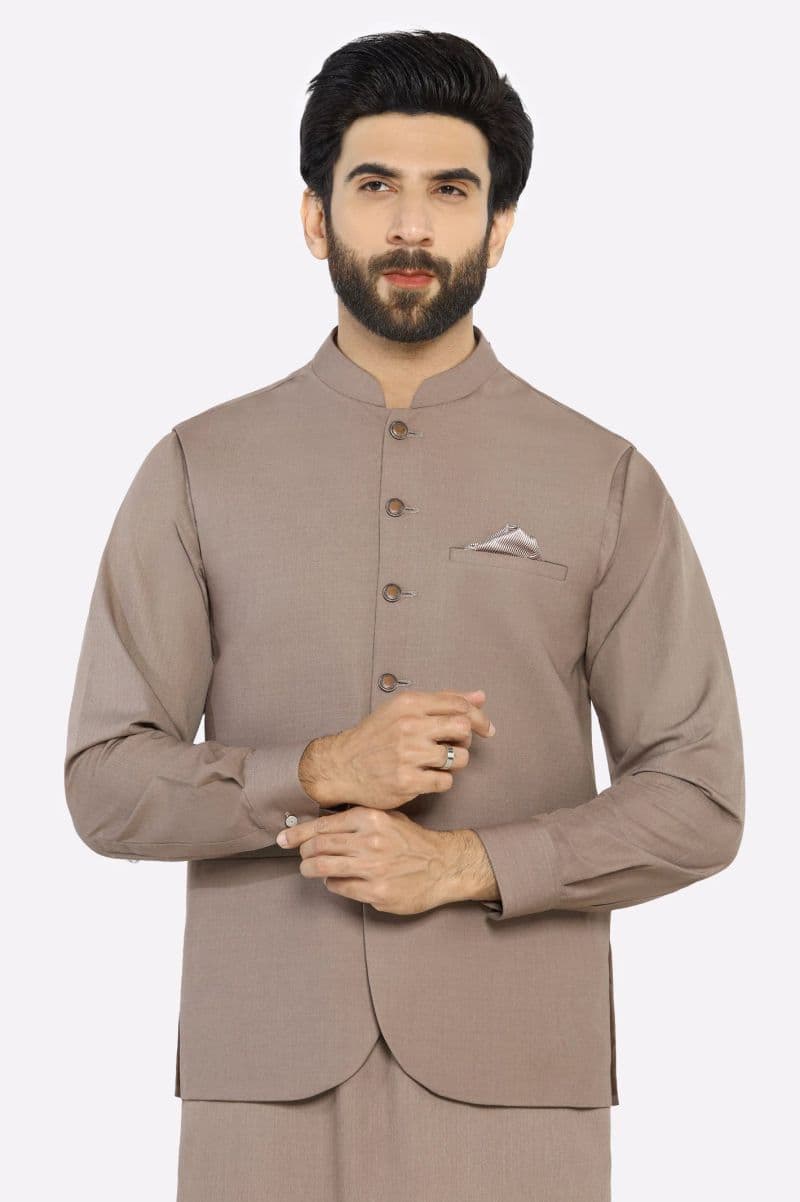 Dark Fawn Shalwar Kameez with Waistcoat