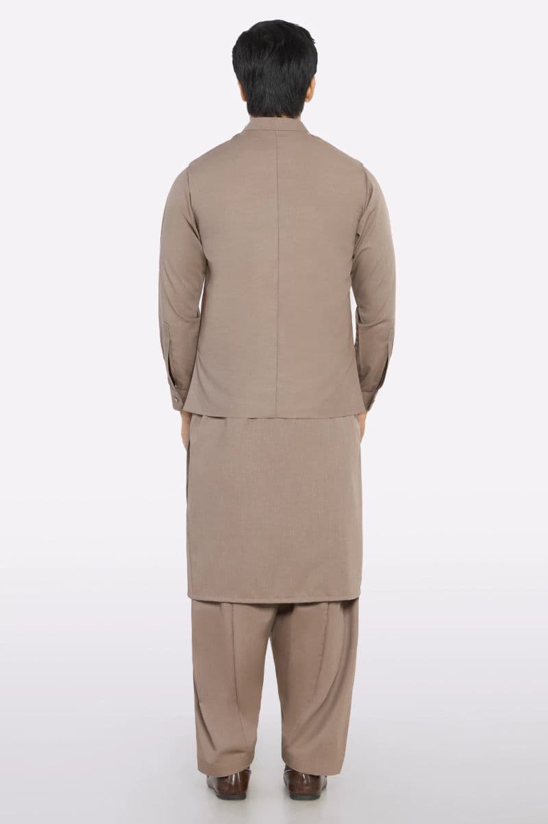 Dark Fawn Shalwar Kameez with Waistcoat