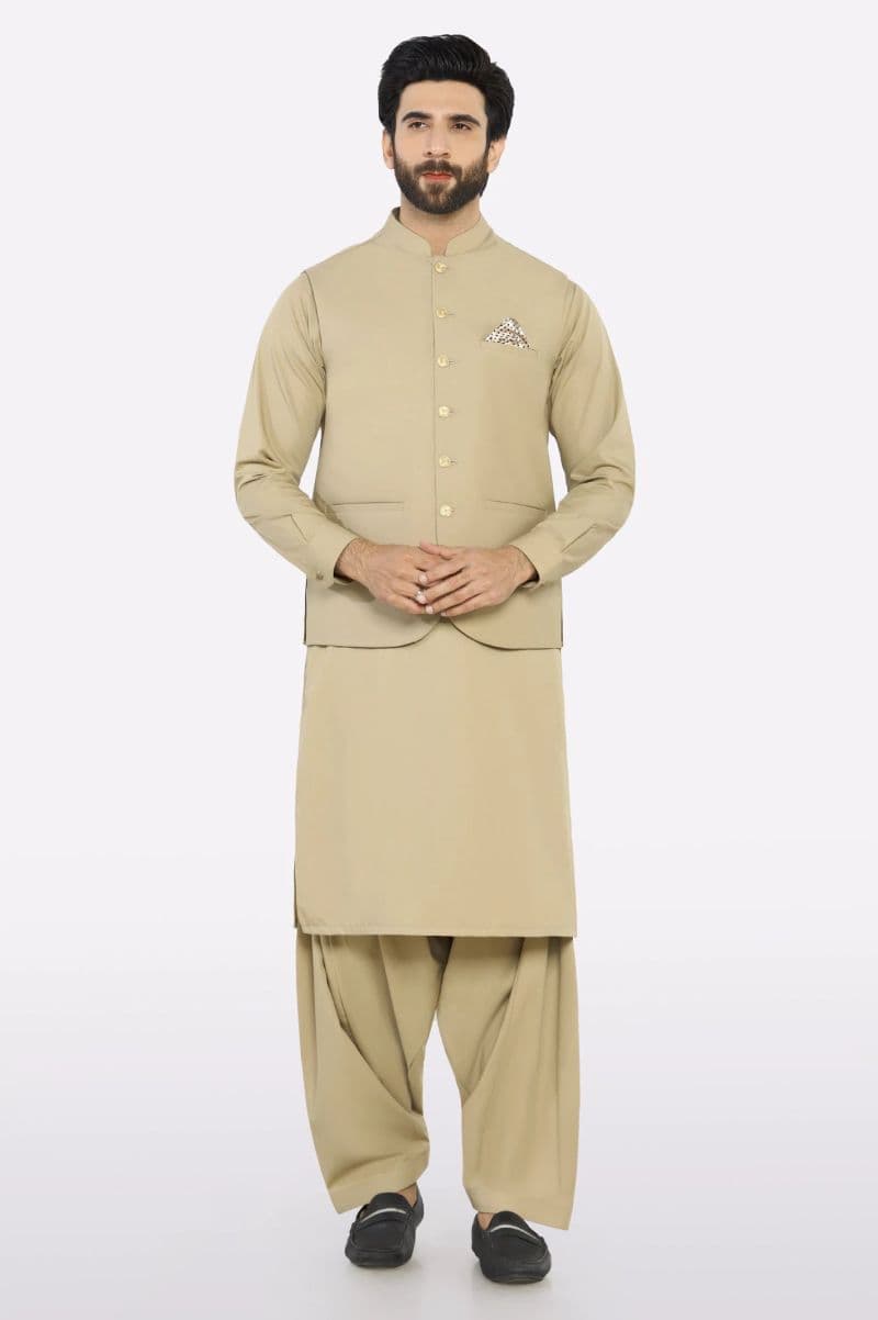 Khaki Shalwar Kameez with Waistcoat thumbnail