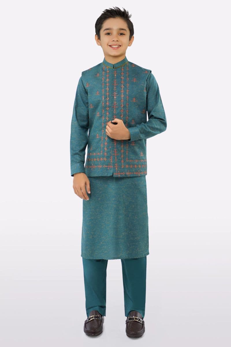 Green Boys Kurta Pajama With Waistcoat thumbnail