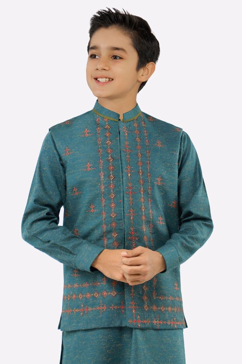 Green Boys Kurta Pajama With Waistcoat thumbnail
