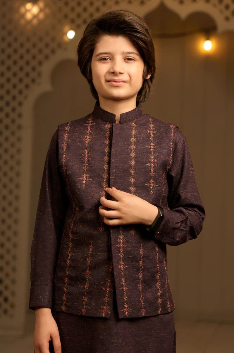 Purple Boys Kameez Shalwar With Waistcoat
