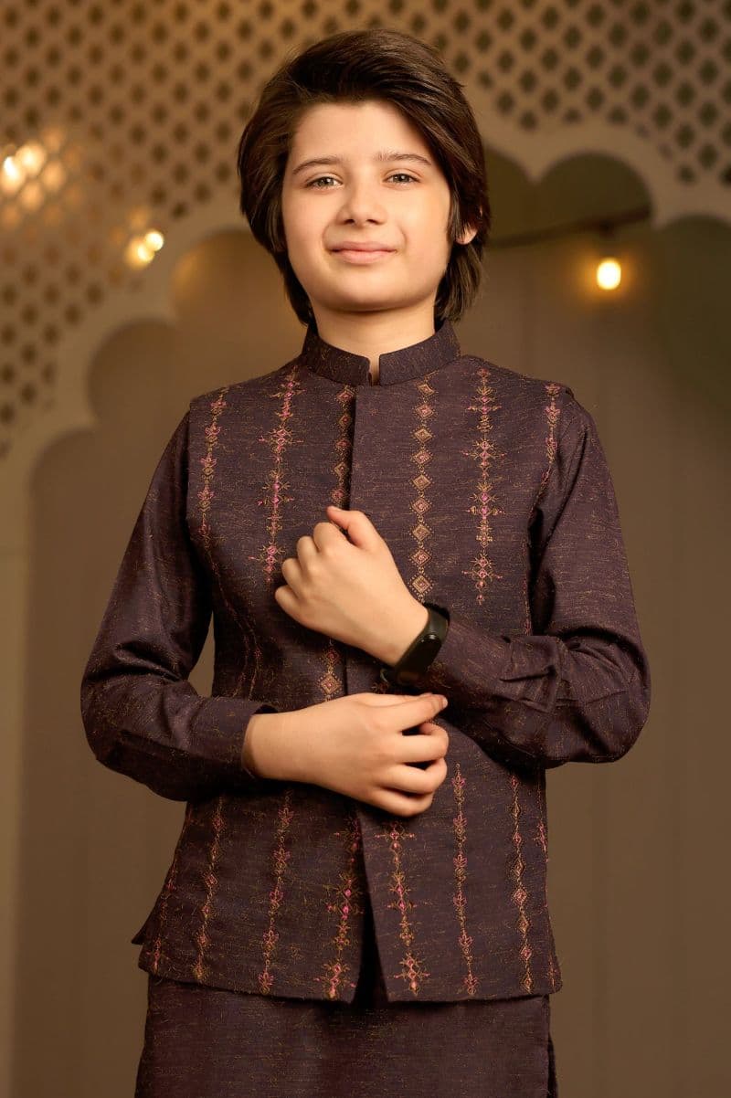 Purple Boys Kameez Shalwar With Waistcoat