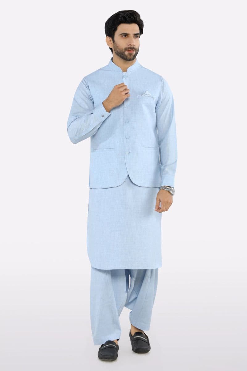 Sky Blue Shalwar Kameez with Waistcoat thumbnail
