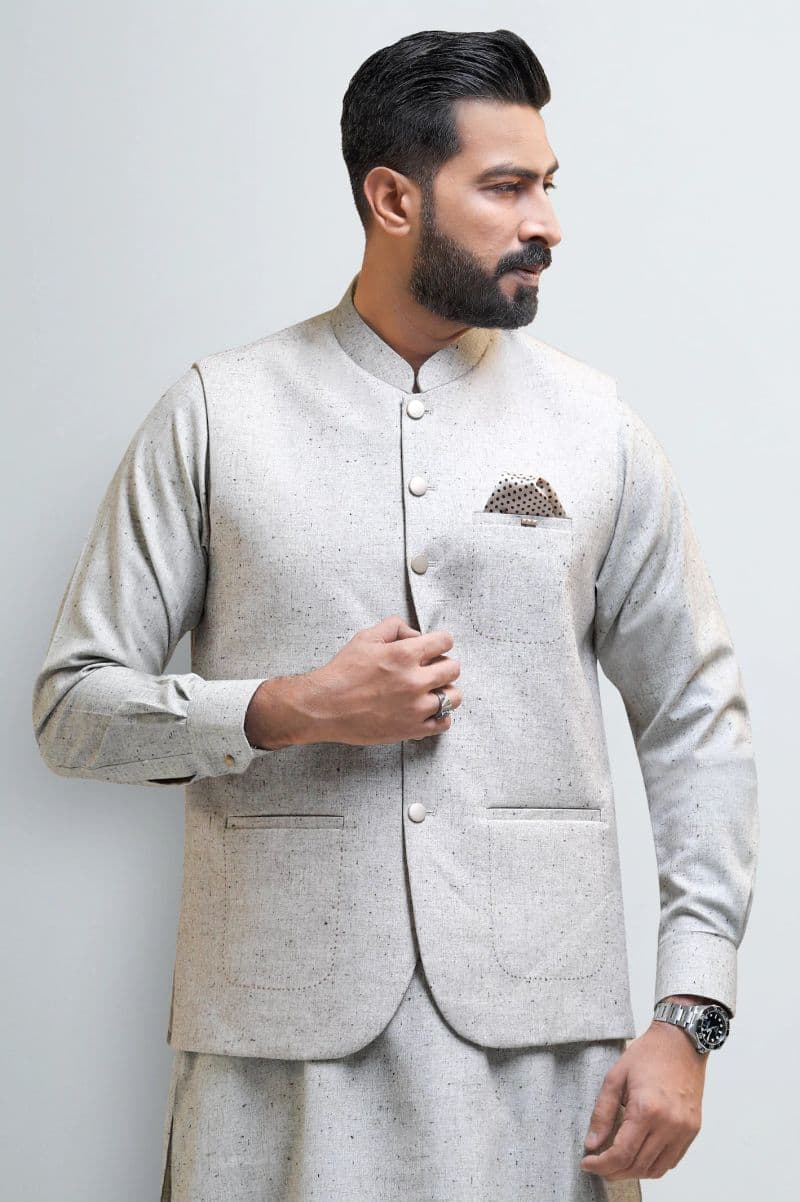 Beige Shalwar Kameez with Waistcoat thumbnail