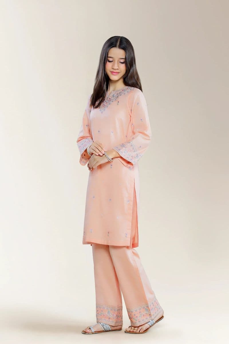 Embroidered Cambric Peach Teens 2PC