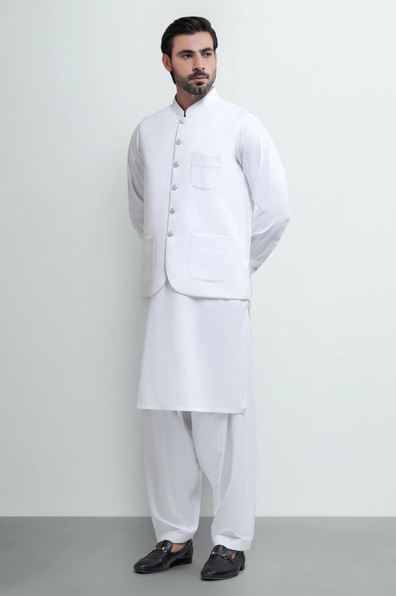 Off White Shalwar Kameez with Waistcoat