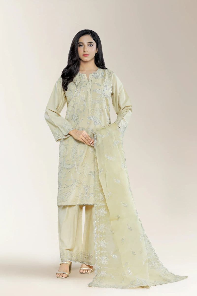 Embroidered Cotton Silk Beige 3PC thumbnail