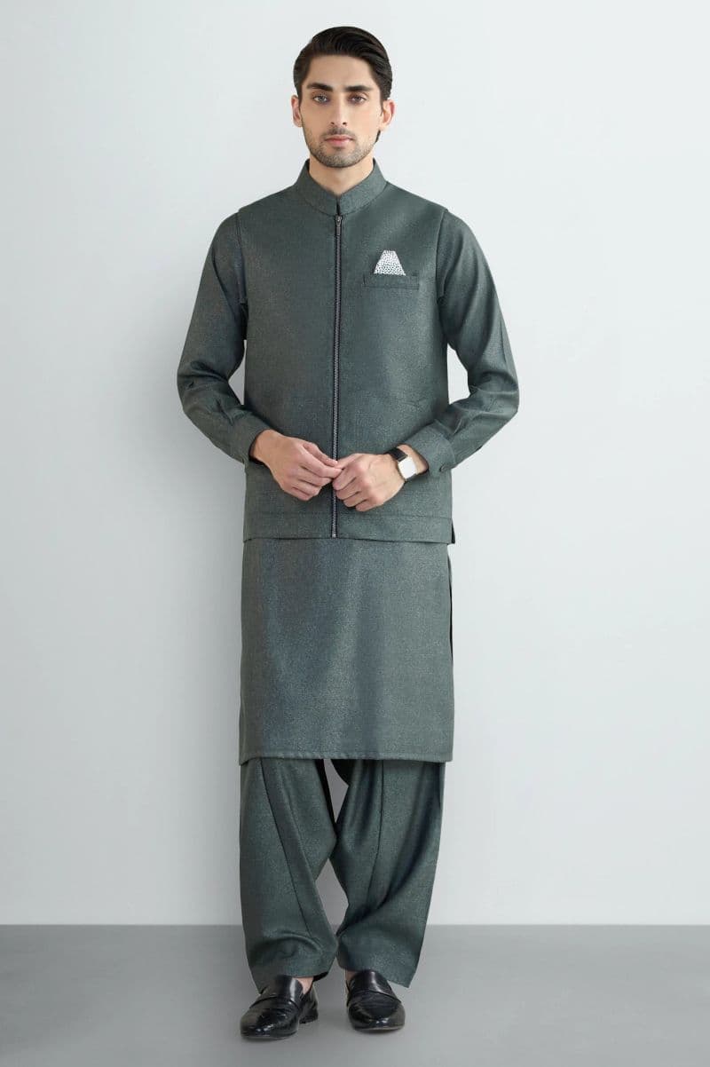 Green Shalwar Kameez with Waistcoat