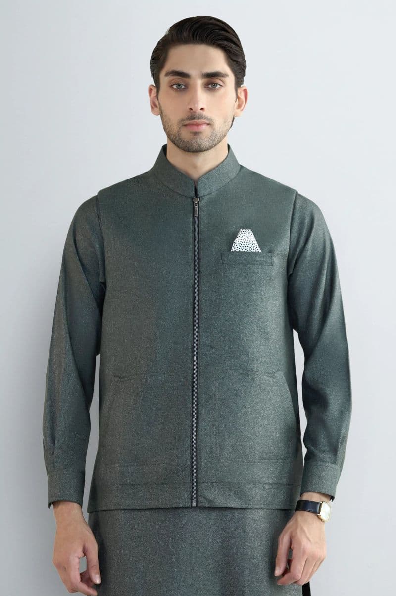 Green Shalwar Kameez with Waistcoat
