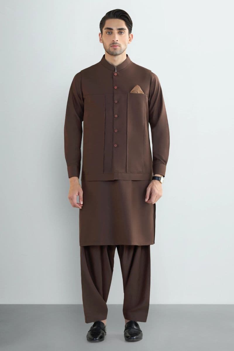 Brown Shalwar Kameez with Waistcoat