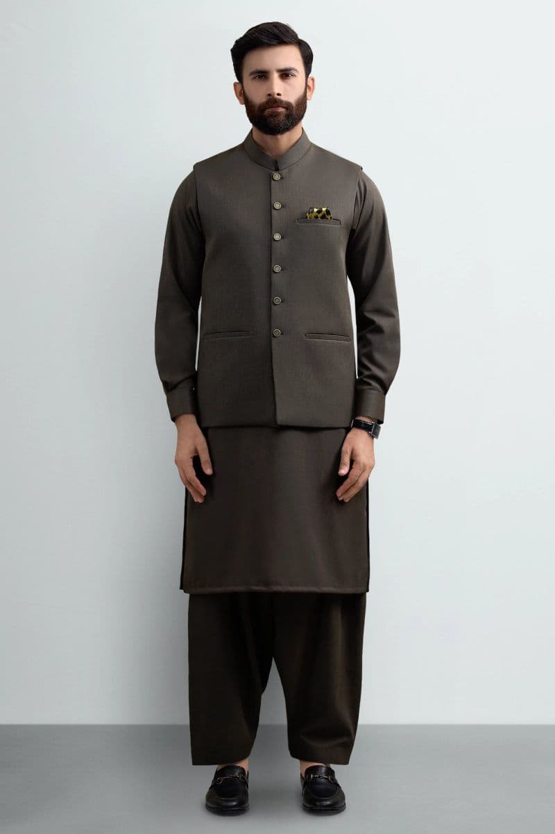 Dark Green Shalwar Kameez with Waistcoat thumbnail