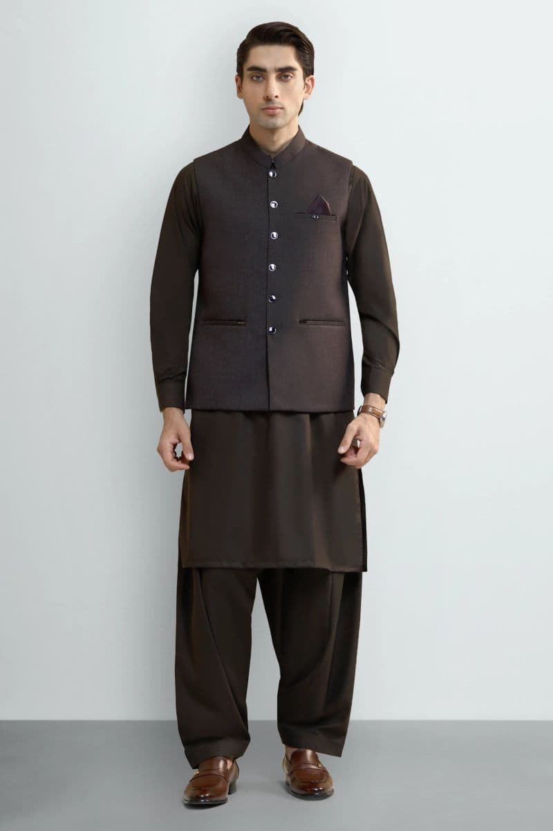 Coffee Brown Shalwar Kameez with Waistcoat
