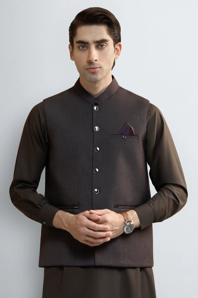 Coffee Brown Shalwar Kameez with Waistcoat