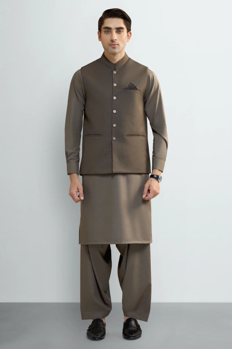 Dark Beige Shalwar Kameez with Waistcoat