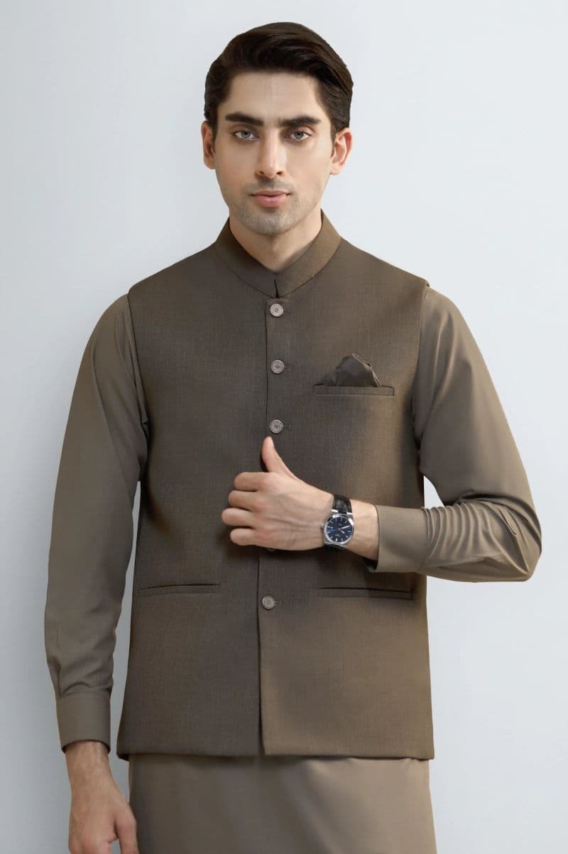 Dark Beige Shalwar Kameez with Waistcoat