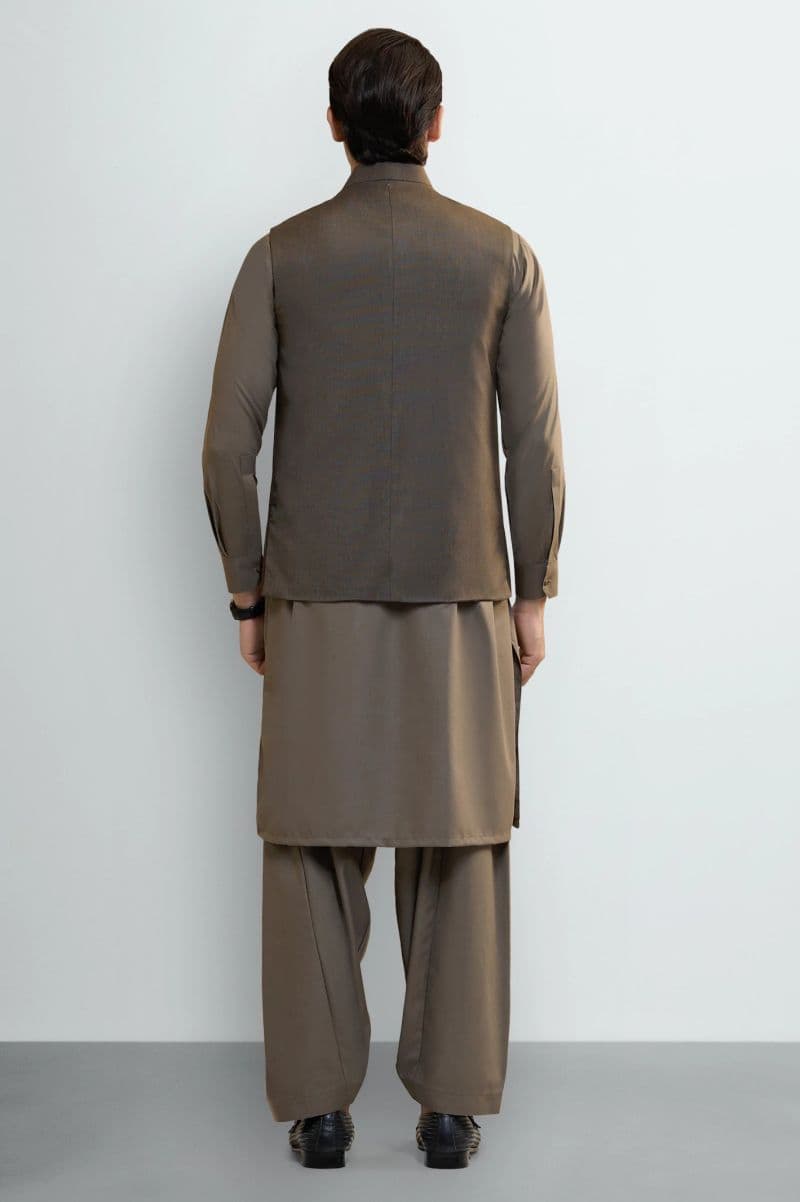 Dark Beige Shalwar Kameez with Waistcoat