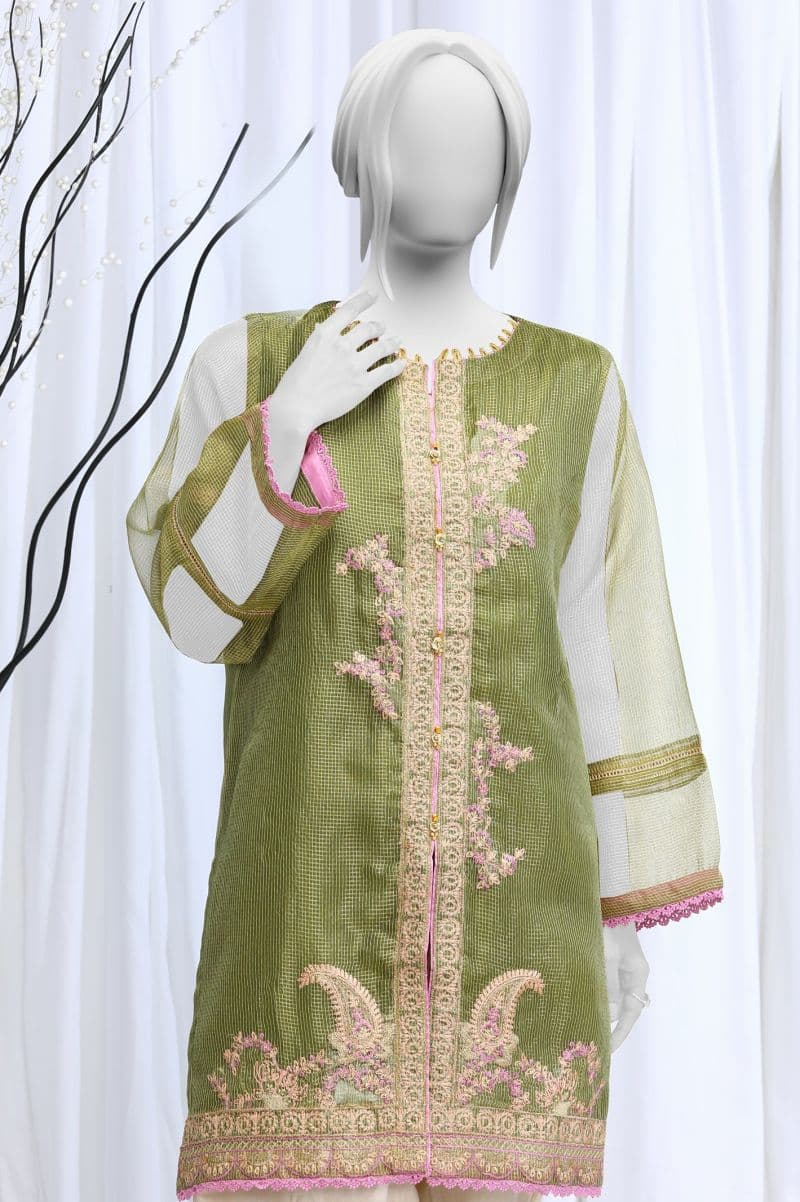 Embroidered Check Zari Green Kurti thumbnail