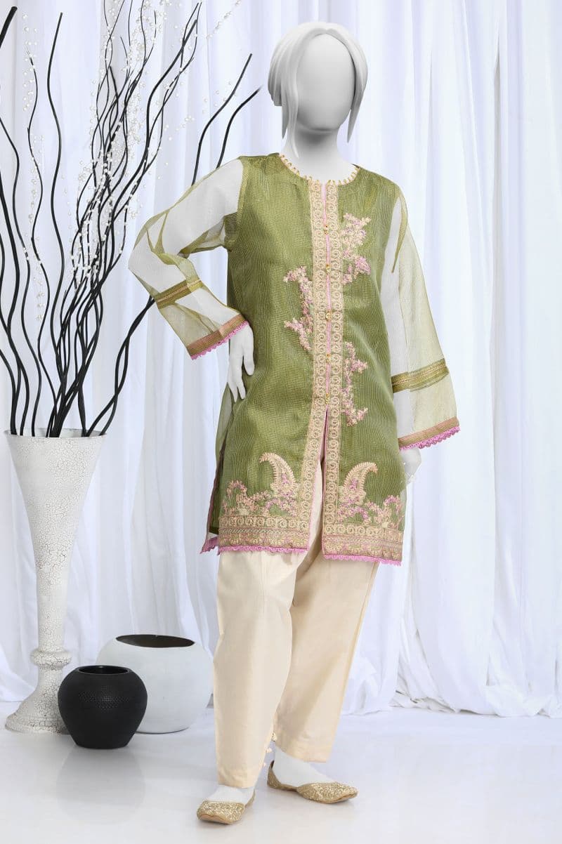 Embroidered Check Zari Green Kurti thumbnail