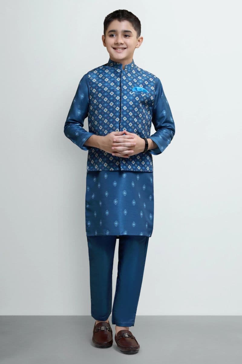 Teal Boys Kameez Shalwar Digital Print With Waistcoat