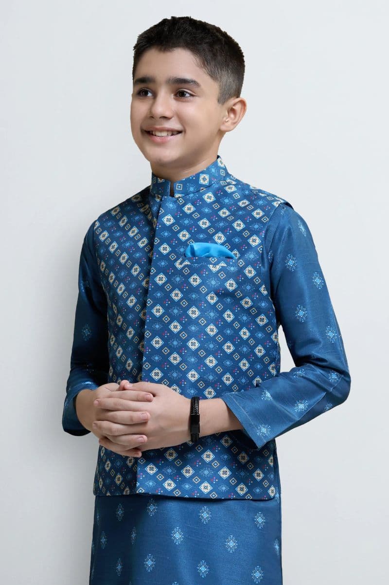 Teal Boys Kameez Shalwar Digital Print With Waistcoat