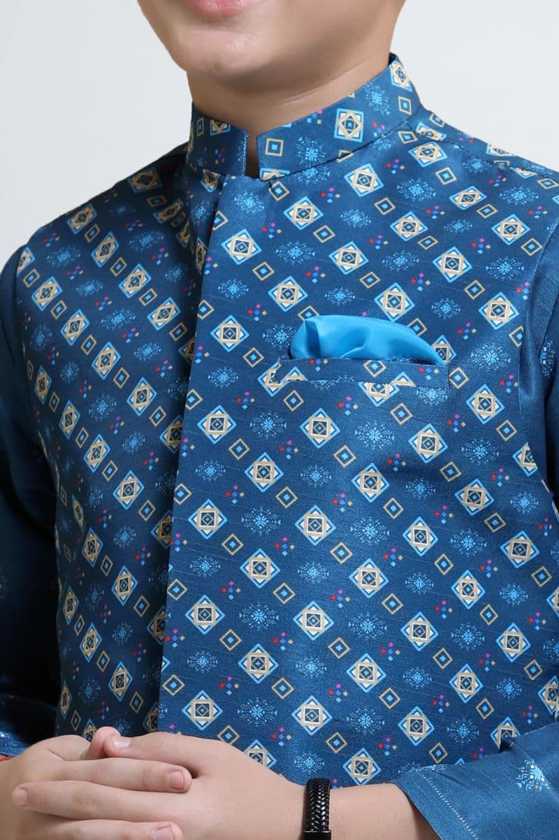 Teal Boys Kameez Shalwar Digital Print With Waistcoat