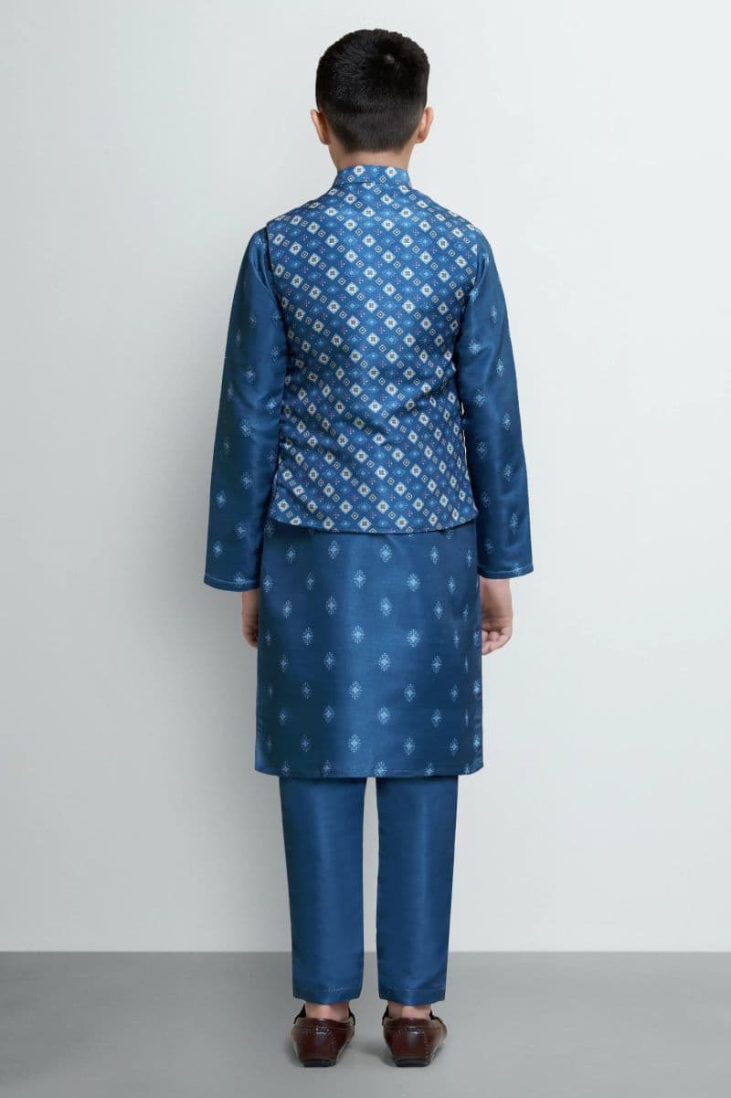 Teal Boys Kameez Shalwar Digital Print With Waistcoat