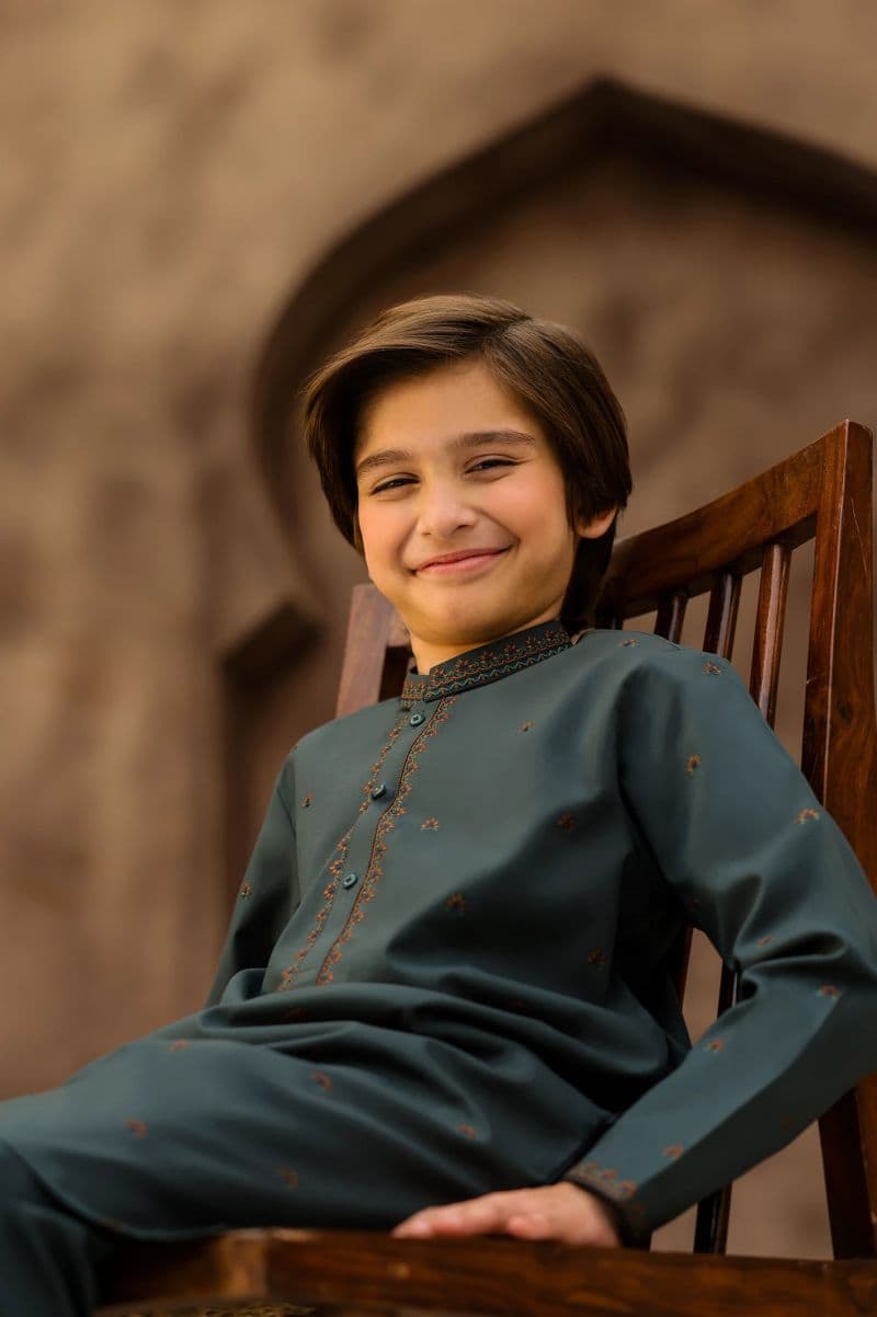 Dark Green Boys Kurta Pajama With Embroidery