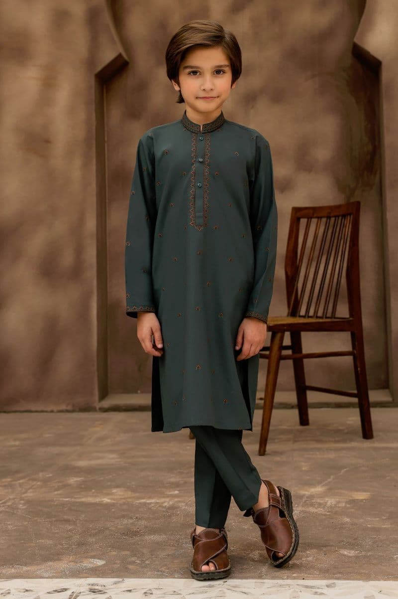 Dark Green Boys Kurta Pajama With Embroidery