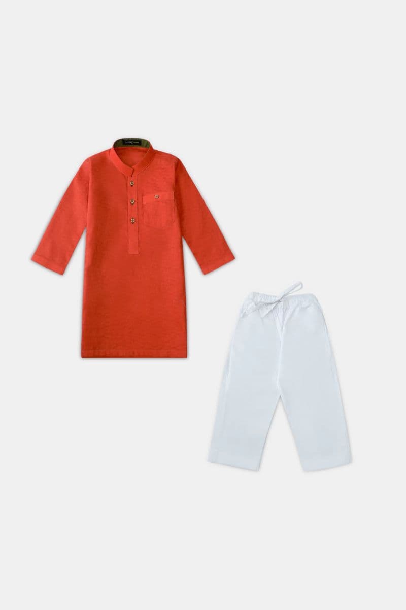 Orange Boys Self Textured Kurta Pajama
