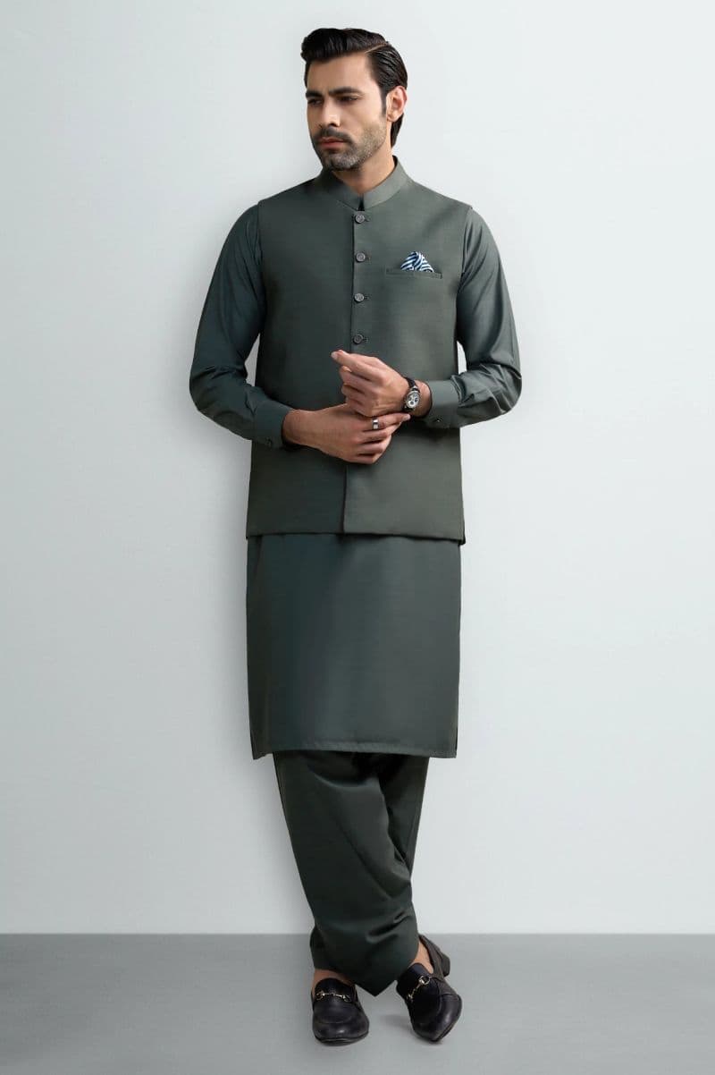 Dark Grey Shalwar Kameez with Waistcoat thumbnail