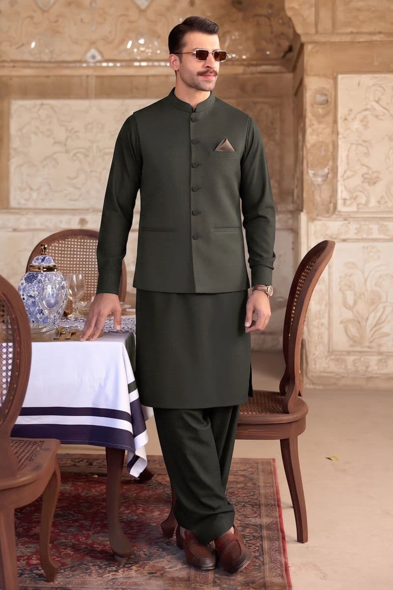 Dark Green Shalwar Kameez with Waistcoat thumbnail