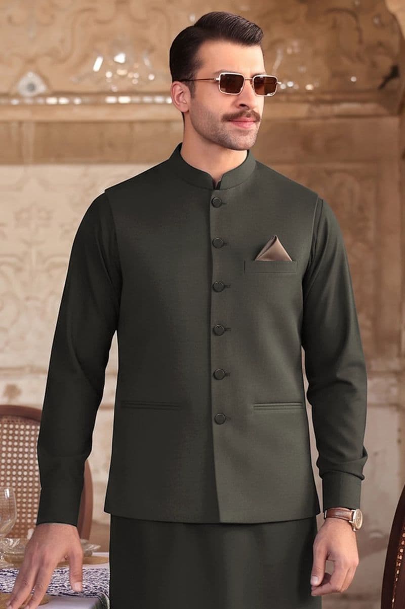Dark Green Shalwar Kameez with Waistcoat thumbnail