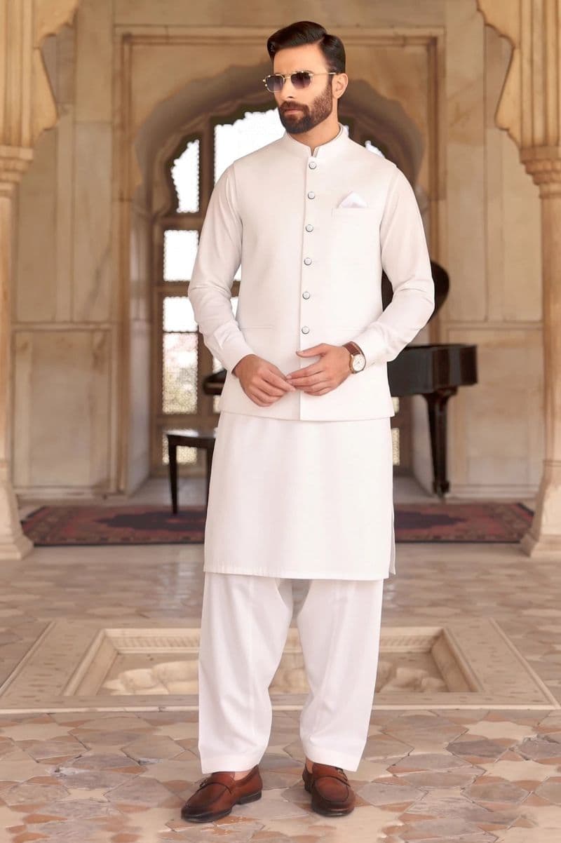 Off White Shalwar Kameez with Waistcoat