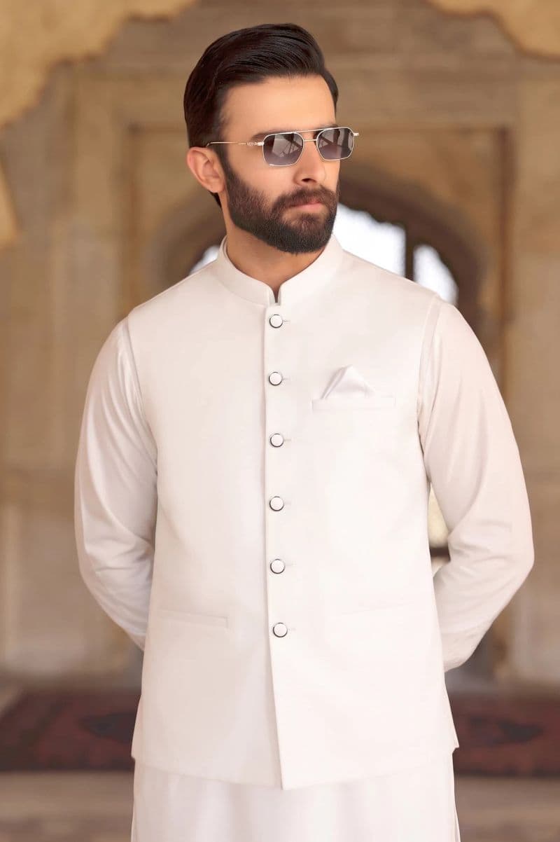 Off White Shalwar Kameez with Waistcoat