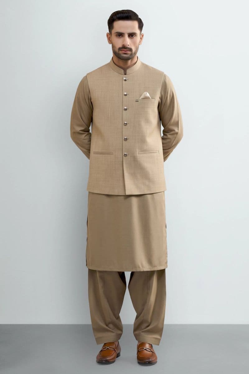 Dark Fawn Shalwar Kameez with Waistcoat thumbnail